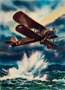 An artist's impression of a Fairey Swordfish sinking a U Boat in the North Sea, 1940