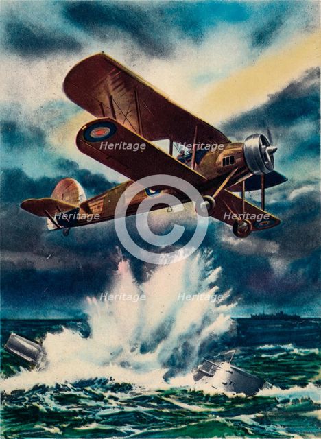 An artist's impression of a Fairey Swordfish sinking a U Boat in the North Sea, 1940. Artist: Unknown