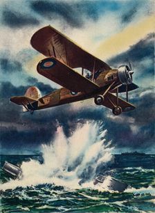 An artist's impression of a Fairey Swordfish sinking a U Boat in the North Sea, 1940