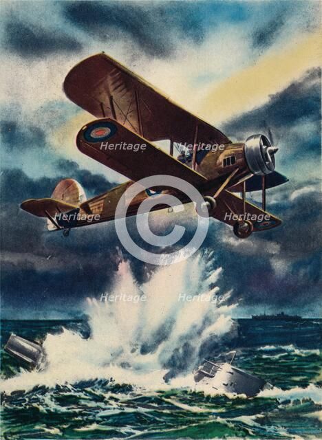 An artist's impression of a Fairey Swordfish sinking a U Boat in the North Sea, 1940. Artist: Unknown