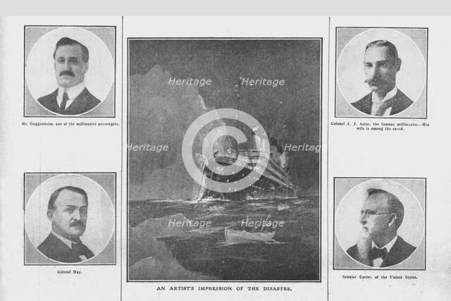 'An Artist's Impression of the Disaster', and portraits of related people, (April 20), 1912. Creator: Unknown.