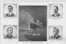 An Artist's Impression of the Disaster and portraits of related people, (April 20), 1912. Creator: Unknown