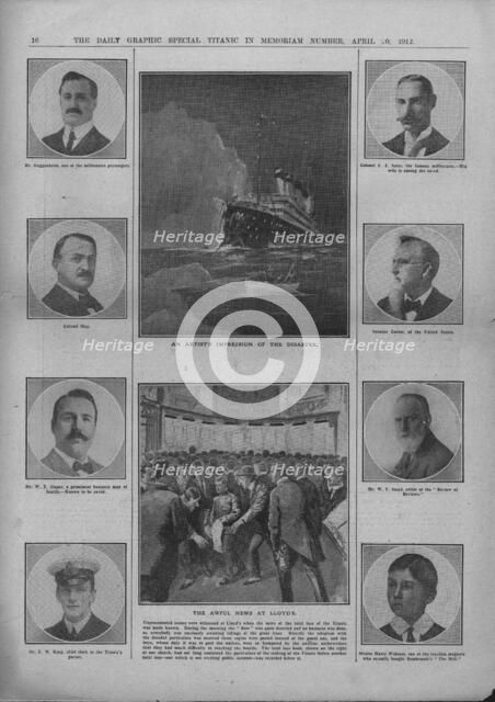 'An Artist's Impression of the Disaster' and 'The Awful News at Lloyd's', April 20, 1912. Creator: Unknown.