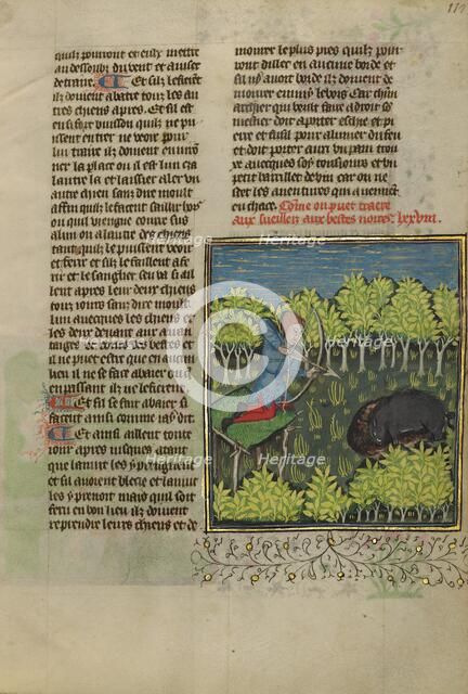 An Archer on a Platform Shooting at a Wallowing Wild Boar; Livre de la Chasse, about 1430-1440. Creator: Unknown.