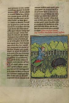 An Archer on a Platform Shooting at a Wallowing Wild Boar; Livre de la Chasse, about 1430-1440. Creator: Unknown