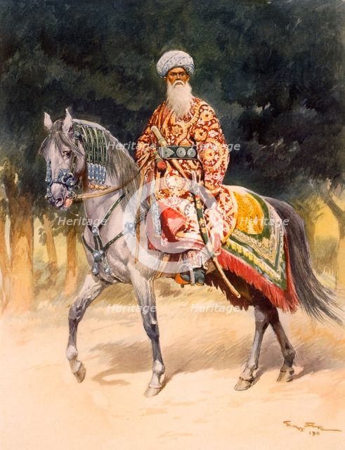 An armed warrior mounted on a Turkoman horse in traditional dress, pub. 1912. Creator: German School (20th Century).