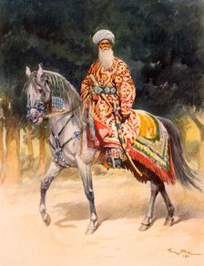 An armed warrior mounted on a Turkoman horse in traditional dress, pub. 1912. Creator: German School (20th Century)