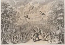 An army marching through a field; soldiers on foot at left and right, while others ride el..., 1678. Creator: Mathäus Küsel