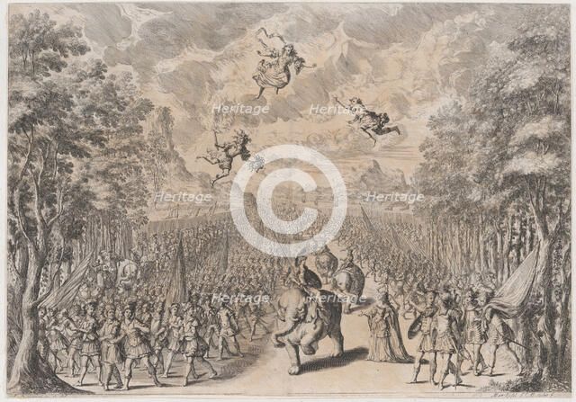 An army marching through a field; soldiers on foot at left and right, while others ride el..., 1678. Creator: Mathäus Küsel.