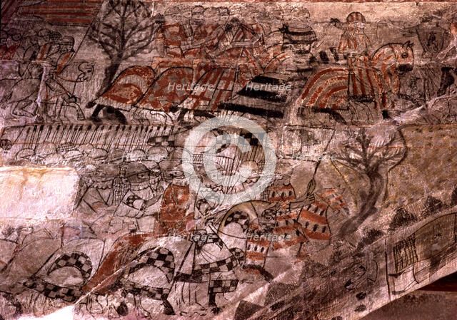 An army marching with the King in front, identified by their heraldic banners as a Catalan Aragon…