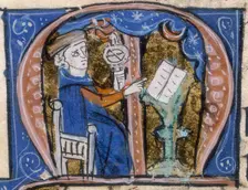 An astrologer at work with his book and an armillary, early 14th century. Creator: Unknown