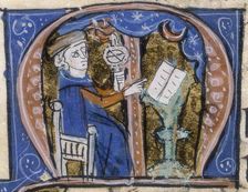 An astrologer at work with his book and an armillary, early 14th century. Creator: Unknown