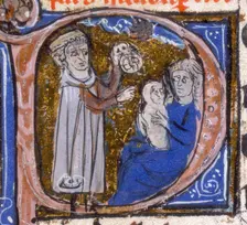 An astrologer discusses a child's horoscope with its mother, early 14th century. Creator: Unknown