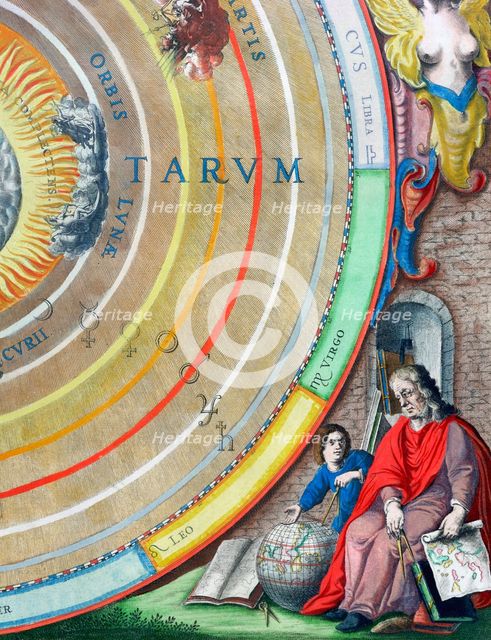 An astronomer, detail from a map of the planets, 1660-1661. Creator: Andreas Cellarius.