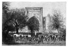 An assembly before the mosque in Bukhara, Uzbekistan, 1895.Artist: Armand Kohl