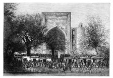 An assembly before the mosque in Bukhara, Uzbekistan, 1895.Artist: Armand Kohl