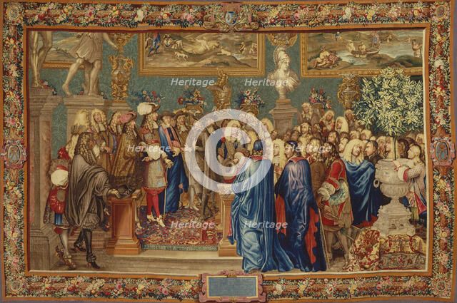 An audience granted by Louis XIV to the Count of Fuentes… at the Louvre, 24th March 1662, ca 1730. Creator: Ballin, Claude I, (after) (1615-1678).