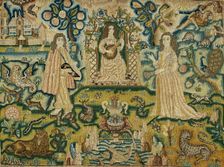 An embroidered panel with a woman playing a guitar, 17th century. Creator: Unknown