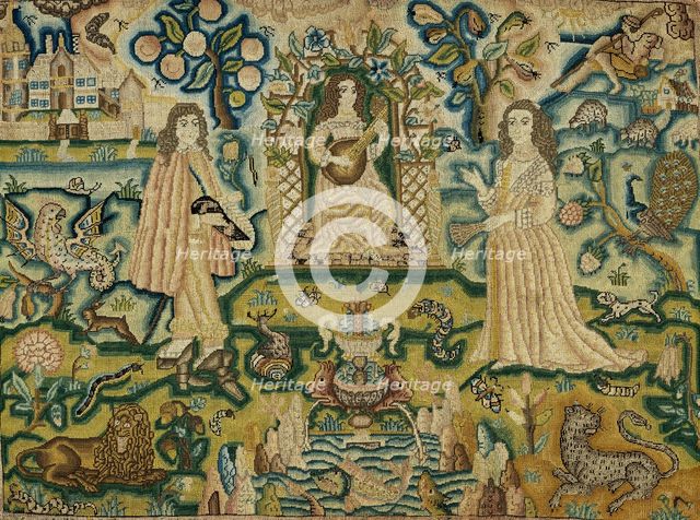 An embroidered panel with a woman playing a guitar, 17th century. Creator: Unknown.