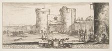 An entrance to a fortress in center, a woman with child seated by a fire to right, sol..., ca. 1641. Creator: Stefano della Bella