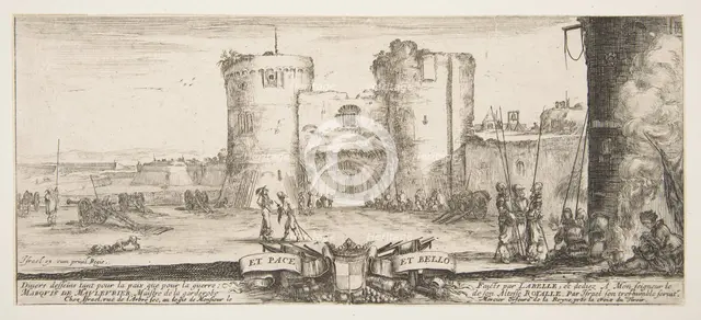 An entrance to a fortress in center, a woman with child seated by a fire to right, sol..., ca. 1641. Creator: Stefano della Bella.