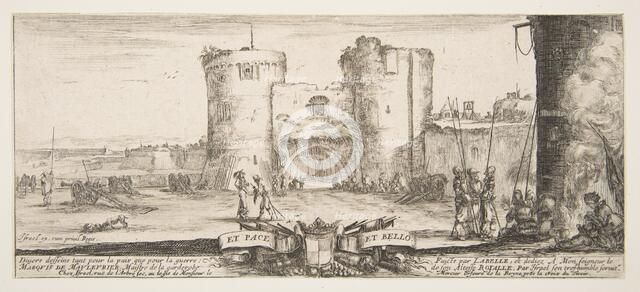 An entrance to a fortress in center, a woman with child seated by a fire to right, sol..., ca. 1641. Creator: Stefano della Bella.