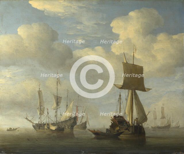 An English Vessel and Dutch Ships Becalmed, c. 1660. Artist: Velde, Willem van de, the Younger (1633-1707)