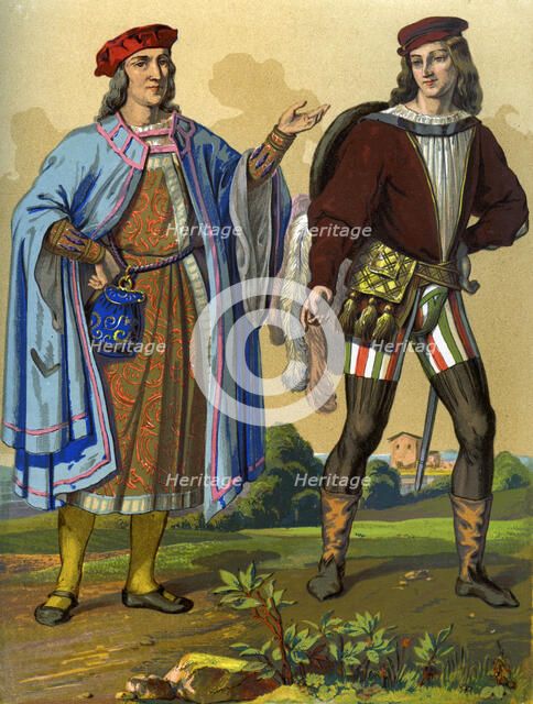 An English courtier of 1450 and an English gentleman of 1500 (1849).Artist: Edward May