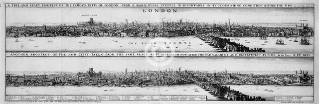 An engraving of London before and after the Great Fire of 1666, (17th century). Artist: Unknown