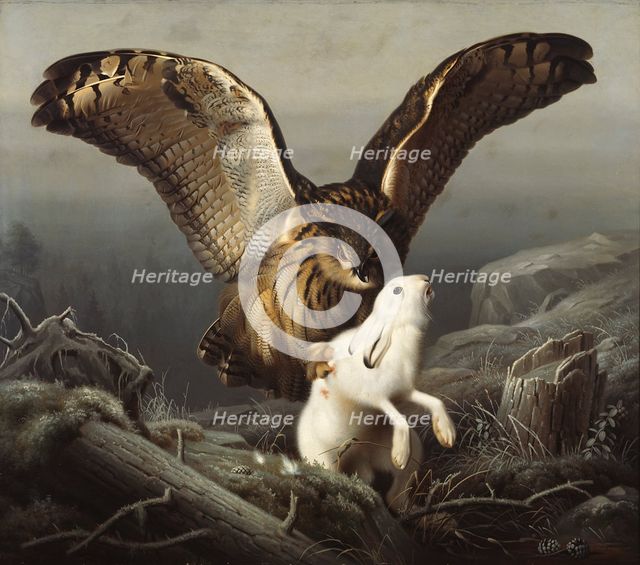 An Eagle-Owl Seizes a Hare, 1860. Creator: Ferdinand von Wright.