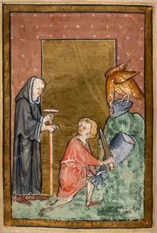 An eagle provides Cuthbert with a fish, and is duly given a share, 1200. Creator: Unknown