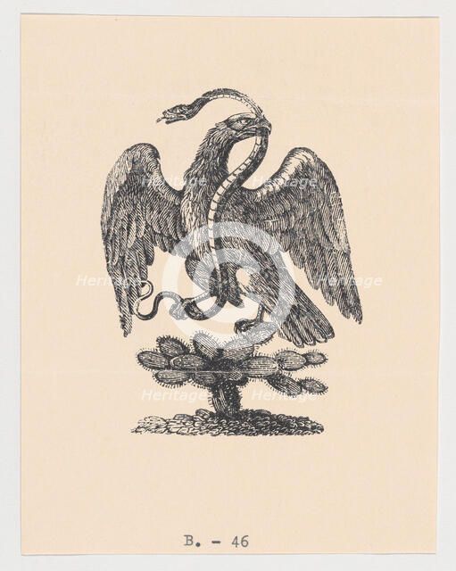 An eagle resting on a cactus holding a snake in its beak (from the Mexican coat of..., ca 1900-1910. Creators: Anon, José Guadalupe Posada.