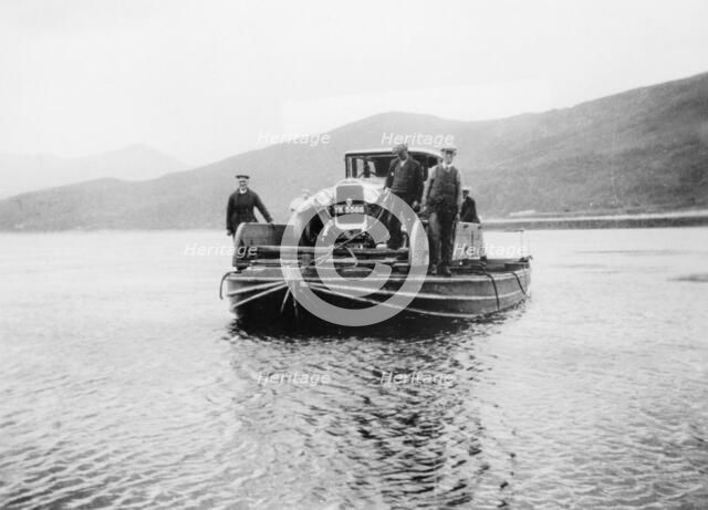 An early ferry transporting a car across a lake. Artist: Unknown