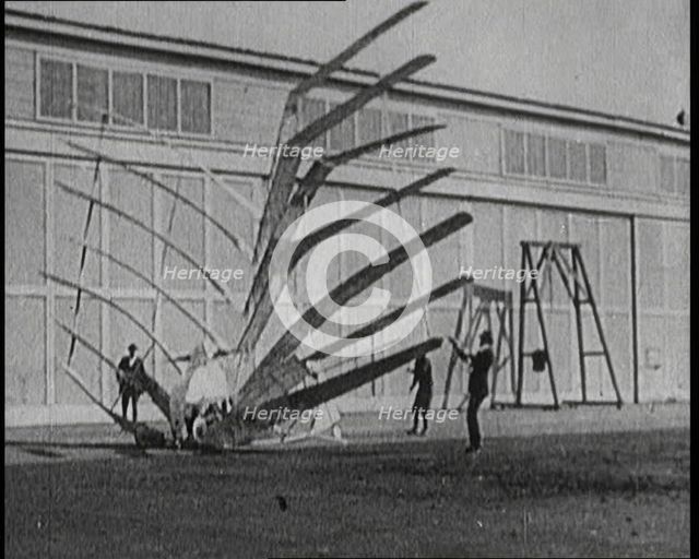 An Early Seven Winged Plane Collapsing in on Itself During Taxi, 1922. Creator: British Pathe Ltd.