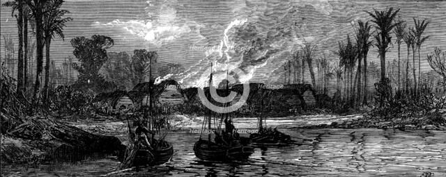An East African slave-trading village destroyed by the boats of H.M.S Briton and Daphne, 1873. Creator: Unknown.