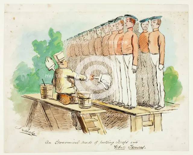 An Economical Mode of Putting Troops into White Trousers, 1840/50. Creator: John Leech.