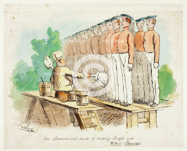 An Economical Mode of Putting Troops into White Trousers, 1840/50. Creator: John Leech.