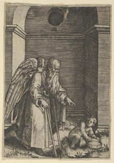 An elderly winged man with a long beard walking with crutches, possibly representin..., ca. 1510-27. Creator: Marcantonio Raimondi