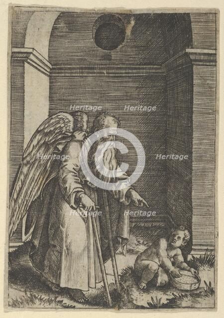 An elderly winged man with a long beard walking with crutches, possibly representin..., ca. 1510-27. Creator: Marcantonio Raimondi.
