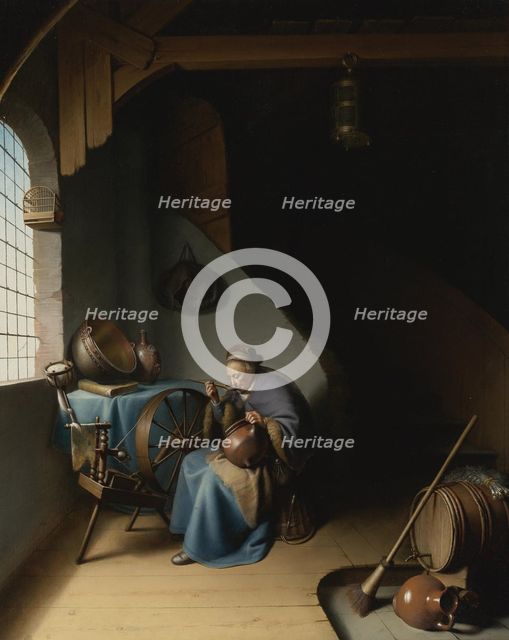 An elderly woman at her spinning wheel, eating porridge.