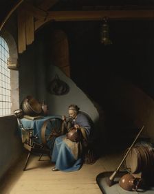 An elderly woman at her spinning wheel, eating porridge