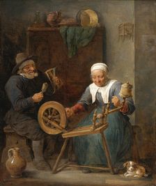An Elderly Couple Spinning Wool in an Interior , 17th century. Creator: Teniers, David, the Younger (1610-1690)