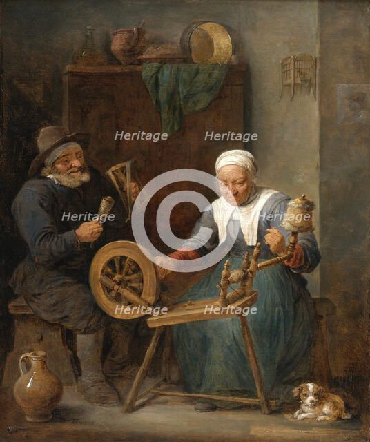 An Elderly Couple Spinning Wool in an Interior , 17th century. Creator: Teniers, David, the Younger (1610-1690).