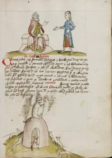 An Elderly Man Speaking to a Younger Man: A Cat with a Bishop's..., third quarter of 15th century. Creator: Unknown