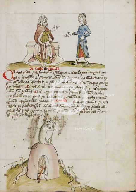 An Elderly Man Speaking to a Younger Man: A Cat with a Bishop's..., third quarter of 15th century. Creator: Unknown.