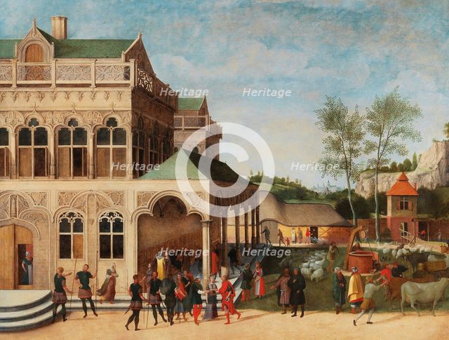 An elegant loggia with the Proposal of Isaac to Rebecca, 1616. Creator: Grimmer, Abel (1570-1619).