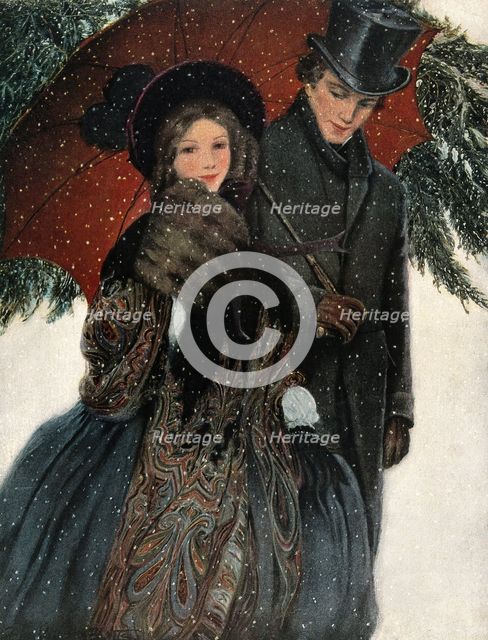 An elegantly dressed couple walk arm in arm under an umbrella, 1905. Creator: Unknown.