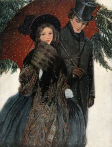 An elegantly dressed couple walk arm in arm under an umbrella, 1905. Creator: Unknown