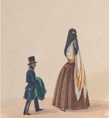 An elegantly dressed woman and her page, from a group of drawings depicting Peruvian..., ca. 1848. Creator: Attributed to Francisco (Pancho) Fierro