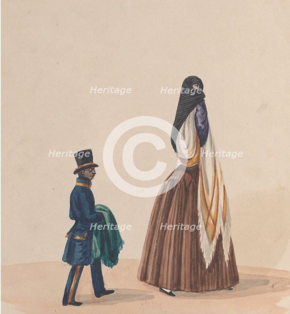 An elegantly dressed woman and her page, from a group of drawings depicting Peruvian..., ca. 1848. Creator: Attributed to Francisco (Pancho) Fierro.